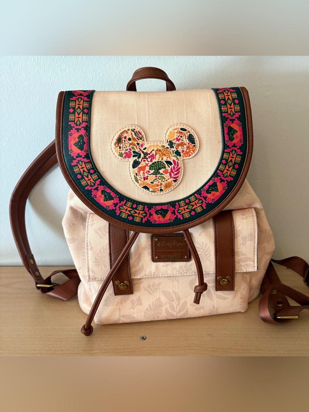 Disney Parks Animal Kingdom Mickey Canvas & Brown Faux-Leather Mini Backpack
